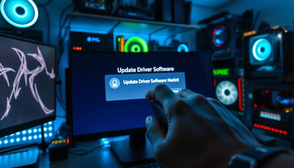 A close-up view of a computer screen displaying the "Update Driver Software" window, surrounded by a high-tech workspace cluttered with gaming peripherals and hardware. In the foreground, show a hand hovering over the mouse, poised to click the "Update" button, emphasizing action and purpose. In the middle ground, include subtle reflections of glowing LED lights from gaming equipment, softly illuminating the scene with a blue and green hue. The background features shelves lined with computer parts and monitors, creating a sense of immersion in a gamer’s environment. The overall atmosphere is dynamic and focused, celebrating performance enhancements and efficiency. Use soft, diffused lighting to convey a modern, tech-savvy ambiance, shot from a slight angle to highlight depth and engagement. A close-up view of a computer screen displaying the "Update Driver Software" window, surrounded by a high-tech workspace cluttered with gaming peripherals and hardware. In the foreground, show a hand hovering over the mouse, poised to click the "Update" button, emphasizing action and purpose. In the middle ground, include subtle reflections of glowing LED lights from gaming equipment, softly illuminating the scene with a blue and green hue. The background features shelves lined with computer parts and monitors, creating a sense of immersion in a gamer’s environment. The overall atmosphere is dynamic and focused, celebrating performance enhancements and efficiency. Use soft, diffused lighting to convey a modern, tech-savvy ambiance, shot from a slight angle to highlight depth and engagement.