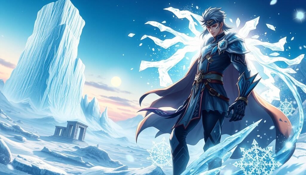 A dynamic and powerful portrayal of Capitano, a character from Genshin Impact, showcasing his icy abilities in a fantastical setting inspired by the region of Ochkanatlan. In the foreground, Capitano stands confidently, surrounded by swirling snowflakes and shimmering ice formations, as he conjures a majestic Ice Wall that rises dramatically behind him. His attire is detailed with intricate patterns that reflect his leadership role, incorporating elements of frost to emphasize his cryo powers. The middle ground features a mystical, frost-covered landscape with ancient ruins hinting at Teyvat's lore. In the background, a twilight sky casts a soft blue ambiance, with stars beginning to twinkle, enhancing the otherworldly atmosphere. The lighting highlights the sparkle of ice and emphasizes the intense focus on Capitano's commanding presence, evoking a sense of anticipation and wonder.