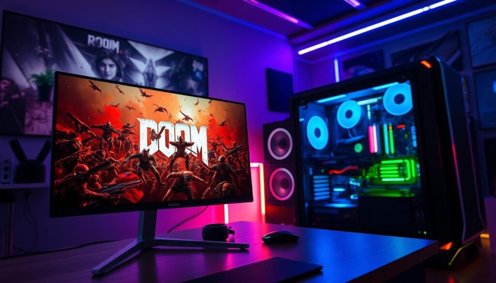 A futuristic gaming setup showcasing NVIDIA DLSS 4's performance capabilities. In the foreground, a sleek gaming monitor displays an intense DOOM scene filled with a chaotic battle featuring numerous enemies on the screen. The graphics are hyper-realistic, emphasizing sharp details and vibrant colors. In the middle ground, a high-performance gaming PC with glowing LED lights stands out, with components like a powerful NVIDIA graphics card visibly highlighted. The background includes a dimly lit room adorned with neon accents, casting a technological mood. Soft blue and purple lighting enhances the atmosphere, creating a sense of immersion and excitement. Capture this setup from a slightly elevated angle to convey depth, making the scene dynamic and engaging for viewers.