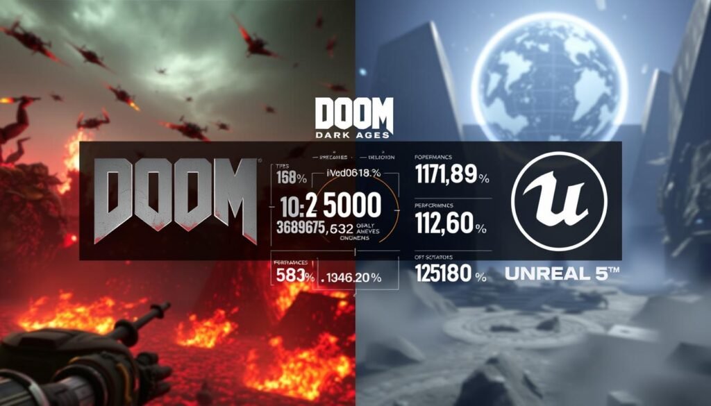 A side-by-side comparison of the DOOM Dark Ages game engine showcasing its impressive capability of rendering a thousand enemies on screen, contrasted against Unreal Engine 5. In the foreground, a dynamic scene from DOOM with fierce, pixelated enemies engaging in combat, vibrant colors and dramatic lighting emphasizing the chaos. The middle ground features a distinct visual breakdown of the game engine's performance stats and optimization metrics, displayed in a visually appealing infographic style. In the background, an ethereal digital environment representing Unreal Engine 5, characterized by stunning textures and realistic lighting effects, constructs an atmosphere of advanced technology. The image should convey excitement and innovation in game development, without text or overlays, focusing purely on the visual comparison of the two game engines.