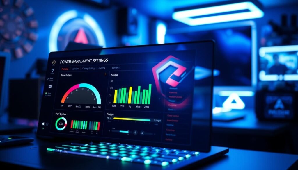 A sleek, modern computer interface displaying "Power Management Settings" in a visually striking way. In the foreground, focus on a detailed digital dashboard, showcasing performance metrics with vibrant graphs and sliders, specifically designed for gaming optimization. The middle layer features a transparent overlay of a high-performance gaming laptop, with glowing LED accents representing latest technology. In the background, a soft bokeh effect suggests a futuristic workspace illuminated by cool blue and green lighting. The mood is high-tech and dynamic, evoking a sense of cutting-edge performance and efficiency. Capture this scene from a slightly elevated angle, giving depth to the composition while maintaining clarity on the power management controls. The overall atmosphere conveys sophistication and innovation, tailored for gaming excellence. A sleek, modern computer interface displaying "Power Management Settings" in a visually striking way. In the foreground, focus on a detailed digital dashboard, showcasing performance metrics with vibrant graphs and sliders, specifically designed for gaming optimization. The middle layer features a transparent overlay of a high-performance gaming laptop, with glowing LED accents representing latest technology. In the background, a soft bokeh effect suggests a futuristic workspace illuminated by cool blue and green lighting. The mood is high-tech and dynamic, evoking a sense of cutting-edge performance and efficiency. Capture this scene from a slightly elevated angle, giving depth to the composition while maintaining clarity on the power management controls. The overall atmosphere conveys sophistication and innovation, tailored for gaming excellence.