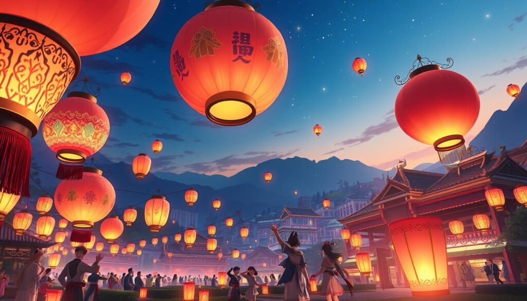 A vibrant scene showcasing the Lantern Rite Festival from Genshin Impact, set during twilight. In the foreground, intricately designed floating lanterns with colorful patterns gently illuminate the surroundings, casting warm glows. Midground features celebratory characters from Genshin Impact in festive attire, joyfully releasing lanterns into the night. The background reveals a stunning Teyvat cityscape with traditional architecture and lush mountains, bathed in a soft, magical light. The sky transitions from deep blue to soft orange, dotted with stars. Use a wide-angle lens to capture the expansiveness of the festival, infusing the atmosphere with a sense of wonder and celebration, enhanced by twinkling decorations, while ensuring a joyful, communal spirit. No text or branding visible.