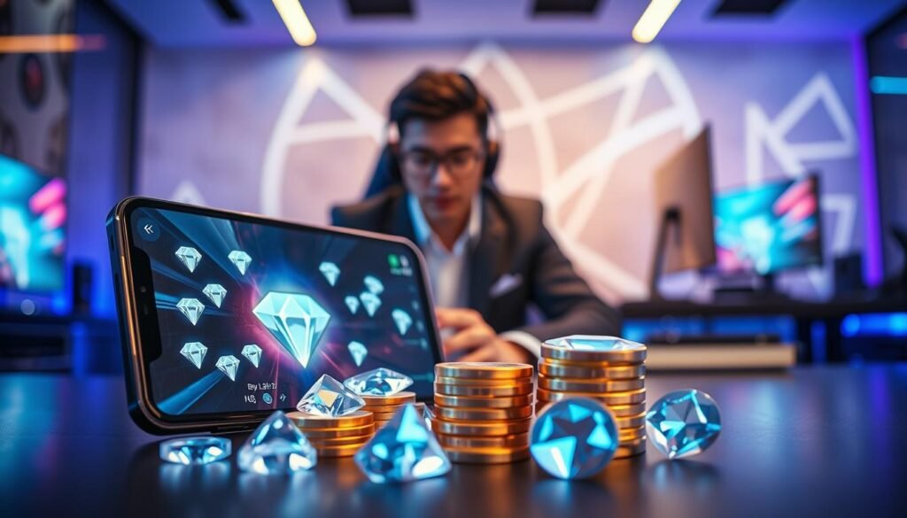 A visually engaging scene that showcases digital currency and gaming elements, focusing on "strategi top up diamond hemat." In the foreground, a sleek smartphone displays the Mobile Legends interface, prominently featuring diamond icons. Surrounding the phone, a stack of minimalistic, neon-colored diamond graphics symbolizes value and savings. In the middle ground, an attractive setup with a professional gamer, dressed in a smart casual outfit, is seated at a stylish desk, deeply focused on strategizing. The background is an inviting, high-tech gaming room, softly lit with blue and purple ambient lights, emphasizing a futuristic atmosphere. The angle of the scene captures the gamer from a slight side view, highlighting their concentration while creating a motivational and inspiring mood.