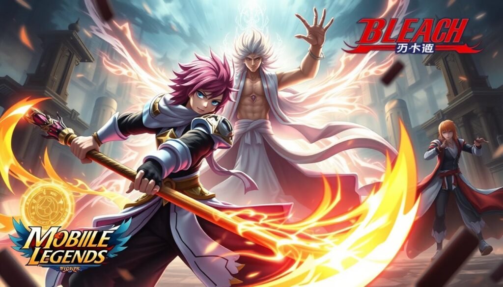 An exciting collage depicting characters from Mobile Legends and Bleach in a dynamic confrontation. In the foreground, feature a heroic Mobile Legends character wielding a glowing weapon, showcasing vibrant colors and intricate armor details. In the middle ground, place a key Bleach character in a striking pose, their spiritual energy visually emanating around them. The background should reflect a blend of urban and mystical elements, combining elements from the Mobile Legends landscape with iconic structures from the Bleach universe. The scene is illuminated by dramatic, ethereal lighting, giving a sense of tension and anticipation. The composition should convey a mood of excitement and intrigue, suggesting a powerful collaboration. Use a cinematic angle for depth, with a focus on the interaction between the two worlds.