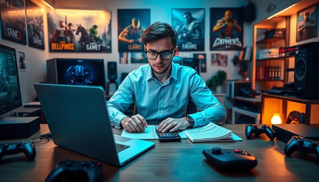 A professional gamer setting up a budget for gaming, surrounded by gaming paraphernalia like consoles, controllers, and high-end gaming accessories. The foreground features a neatly arranged desk with a laptop displaying a financial spreadsheet. In the middle, the gamer, dressed in a smart casual shirt and glasses, is focused on analyzing their gaming expenses, with a notepad and a calculator on the side. The background showcases a cozy gaming room with ambient light, posters of popular games, and shelves filled with games and collectibles. Soft, warm lighting creates an introspective atmosphere, emphasizing the importance of budgeting in gaming. The angle is slightly above eye level, providing a clear view of the desk and the gamer's serious expression.
