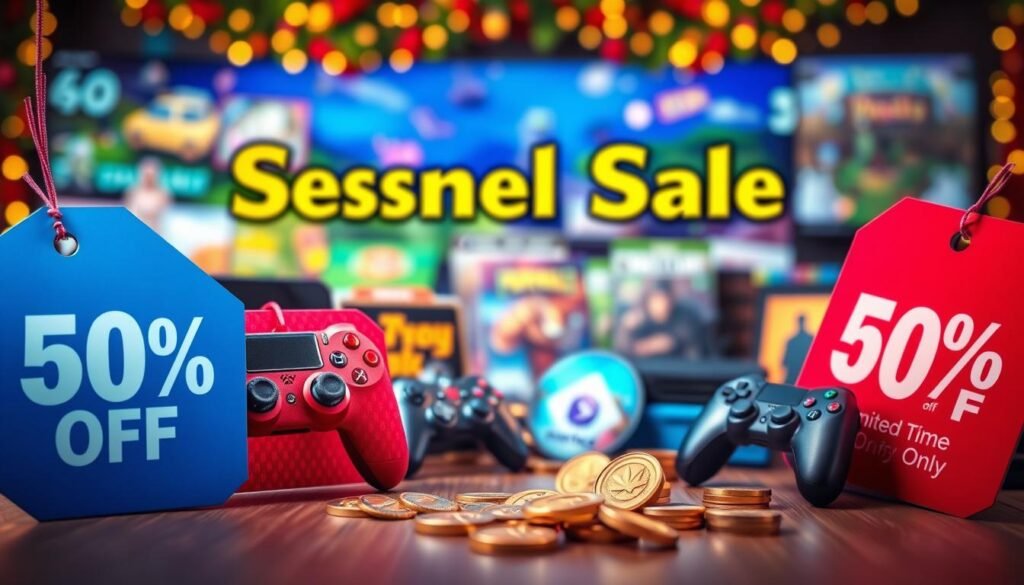A vibrant promotional image showcasing a seasonal sale for video games. In the foreground, large, eye-catching discount tags in various colors are prominently displayed, with percentages like "50% OFF" and "Limited Time Only" in bold fonts. In the middle ground, a stylish array of popular gaming items such as controllers, game discs, and virtual currency coins is artistically arranged, with a blurred effect to emphasize depth. The background features a lively digital landscape of colorful game graphics, enhancing the festive atmosphere. Soft, dynamic lighting casts a warm glow on the items, while a slight bokeh effect adds to the enchanting, inviting mood that encourages gamers to take advantage of the sale. The overall scene conveys excitement and urgency, ideal for attracting gaming enthusiasts.