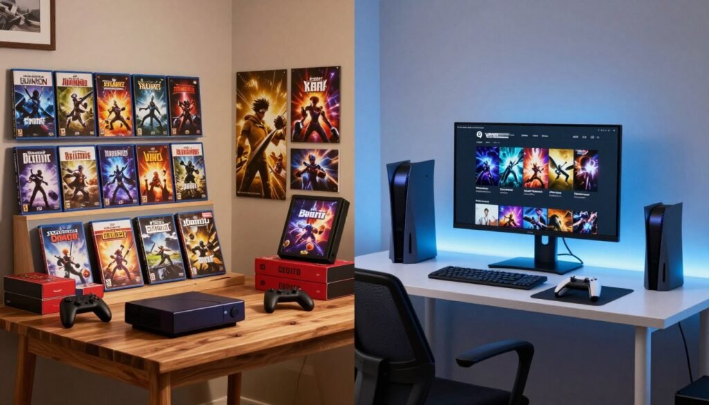 A visually striking split scene illustrating the fundamental differences between physical and digital game editions. On the left, a neatly organized display of physical games, showcasing vibrant game covers, stacked boxes, and gaming accessories in a cozy room setting with warm lighting, evoking a nostalgic atmosphere. The foreground features a sturdy wooden table with a game console and controllers. On the right, a contemporary digital gaming setup, displaying a sleek monitor with an open digital store interface, modern gaming peripherals, and a clean, minimalist workspace bathed in cool blue and white lighting. The background transitions smoothly between these two worlds, emphasizing the contrast in experiences. The mood should feel both inviting and futuristic, capturing the essence of both formats. No people are present in the scene to maintain focus on the games themselves.